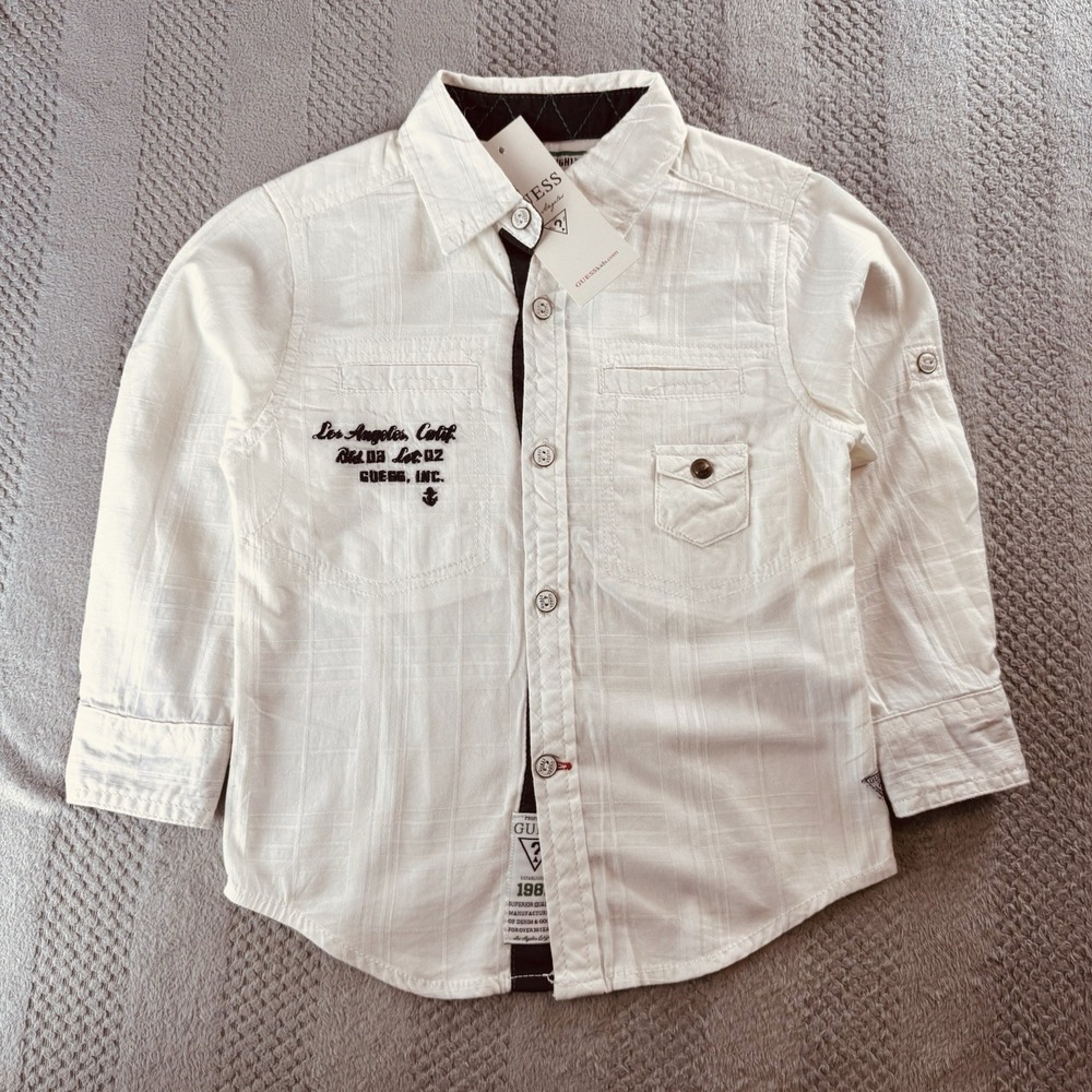 GUESS - Boys Size 4 - White Button Up Shirt - Los Angeles California Long Sleeve